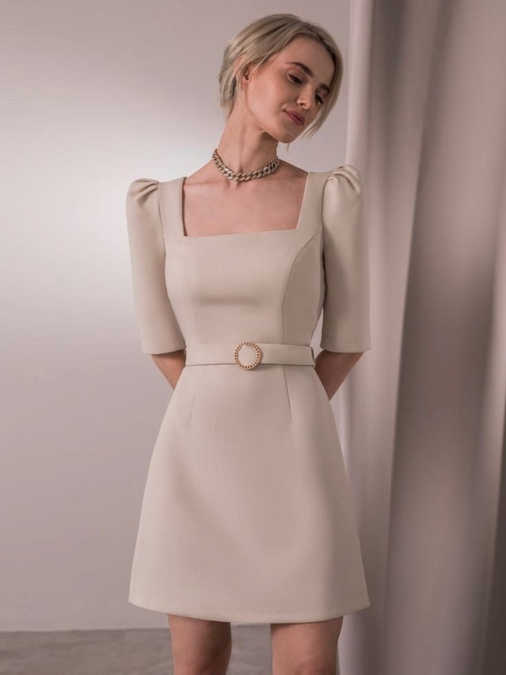 Lichi Elegant Square-Neck Cream Dress with Belt Size XS